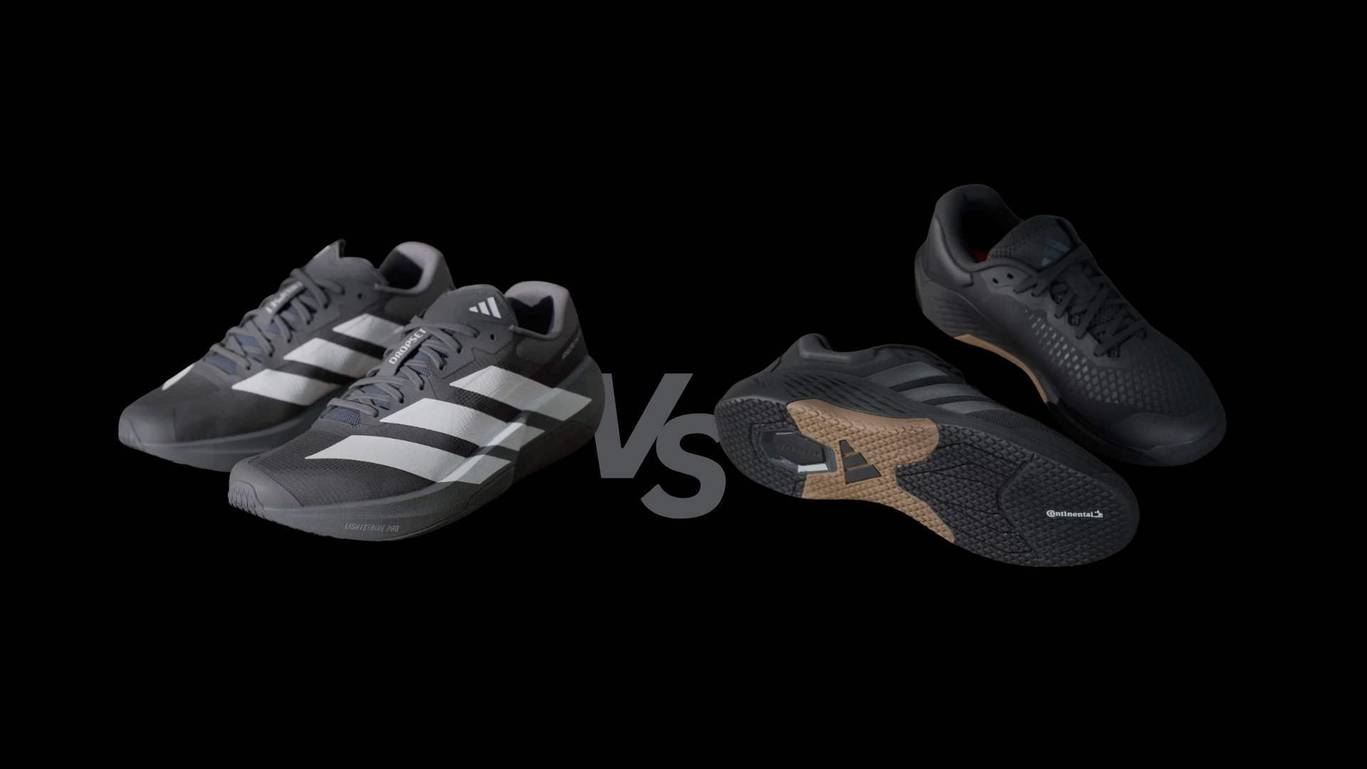 Adidas Adizero Dropset Pro on the left and Dropset 4 on the right, side by side against black
