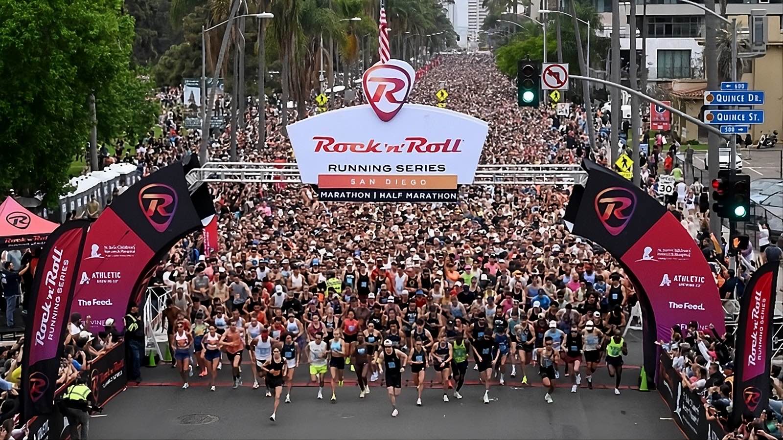 Thousands of runners at the start line of the Rock 'n' Roll San Diego Marathon and Half Marathon